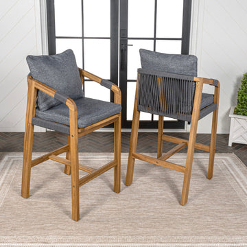 Porto Modern Coastal Tub Roped Acacia Wood Outdoor Bar Stool with Cushions and Armrests